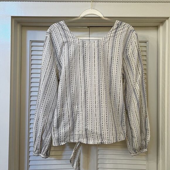 Eley Kishimoto White Black Geometric Blouse Tie Waist Cotton, Size 12 - Picture 2 of 10